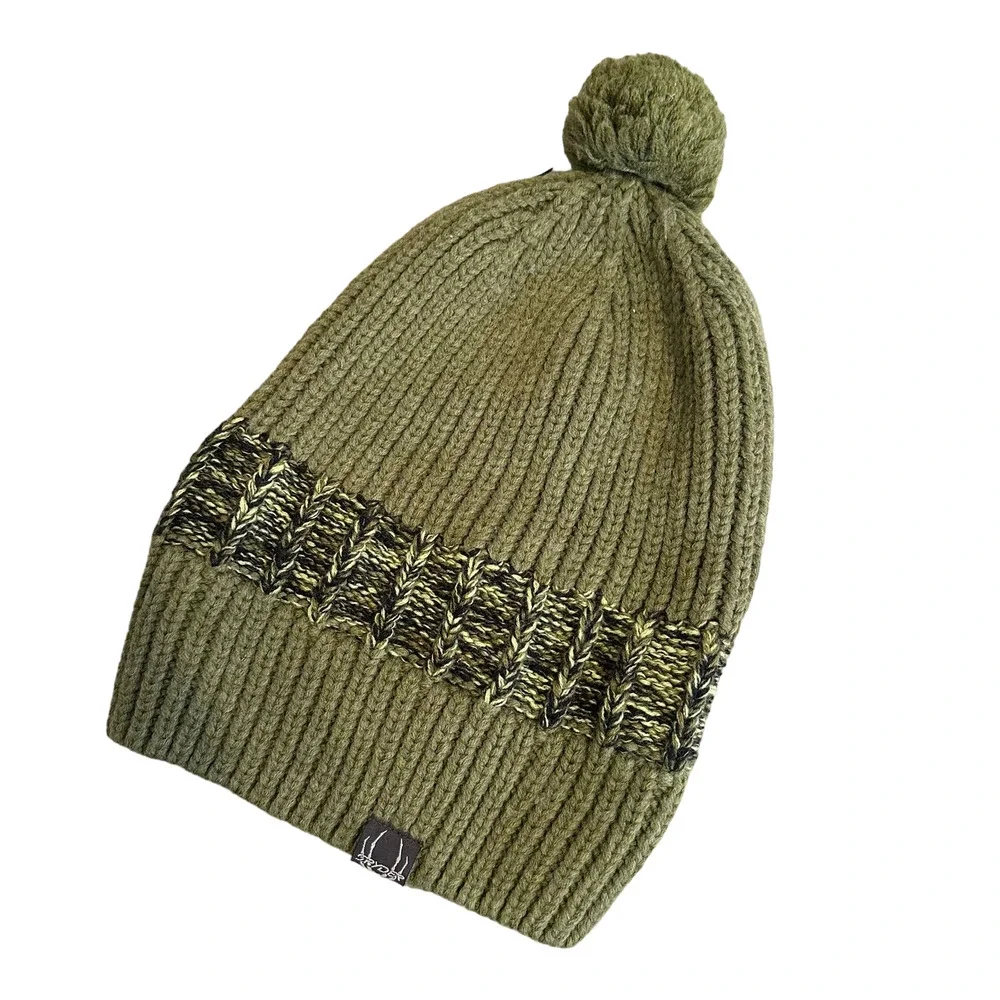 Spyder Green Knit Ribbed Slouchy Beanie with Pompom